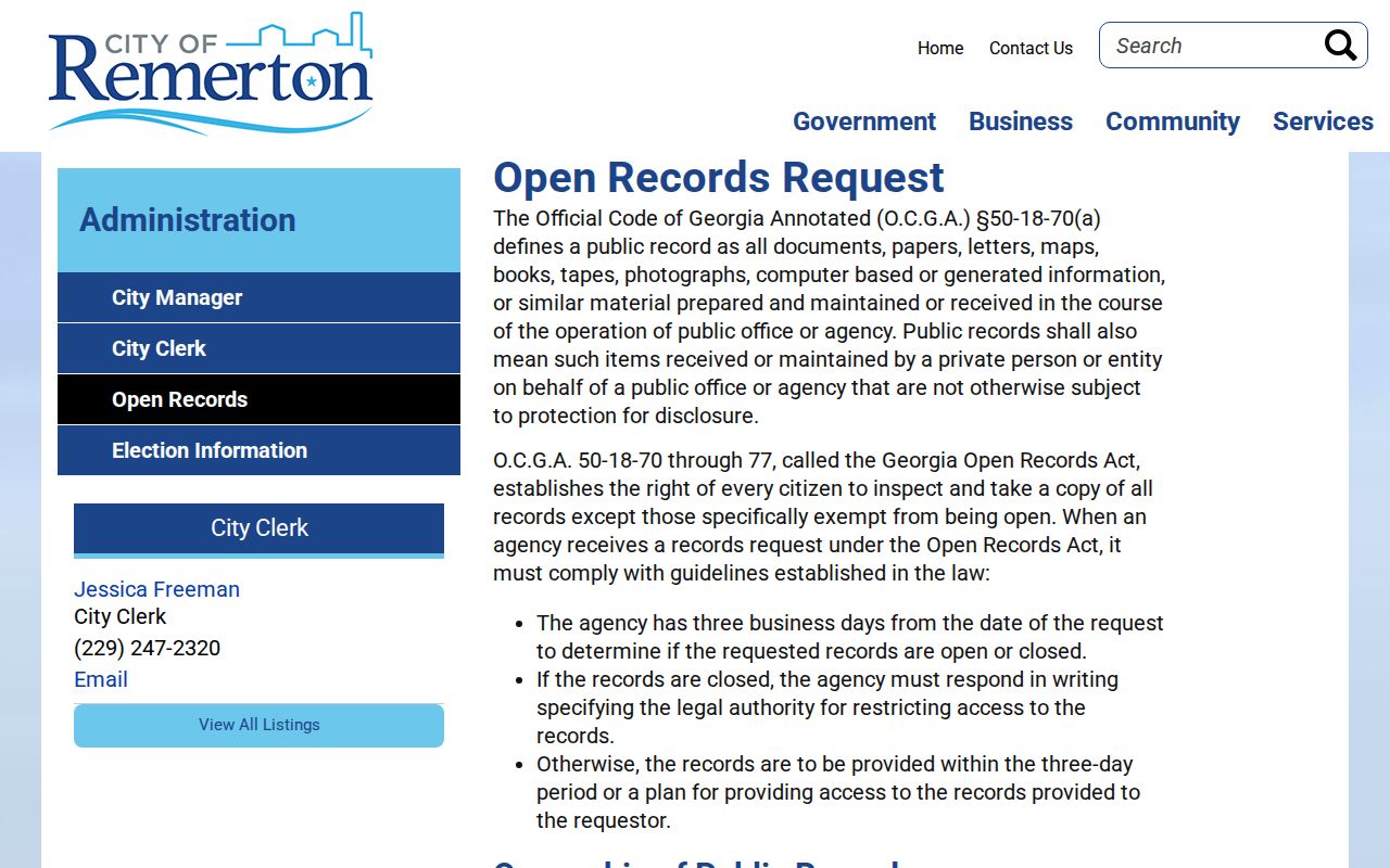 Remerton open-records page showing a separate municipal request route