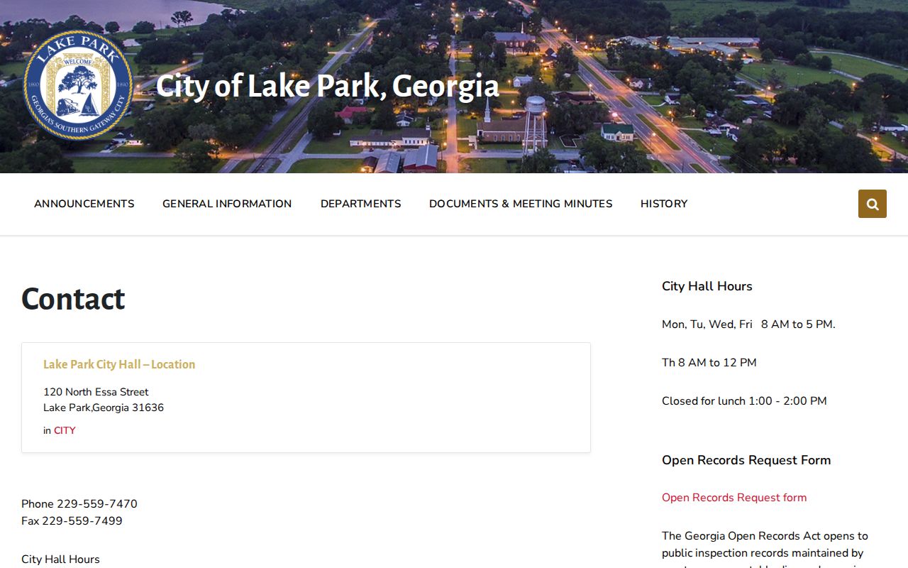 Official Lake Park City Hall, police, and Municipal Court contact page