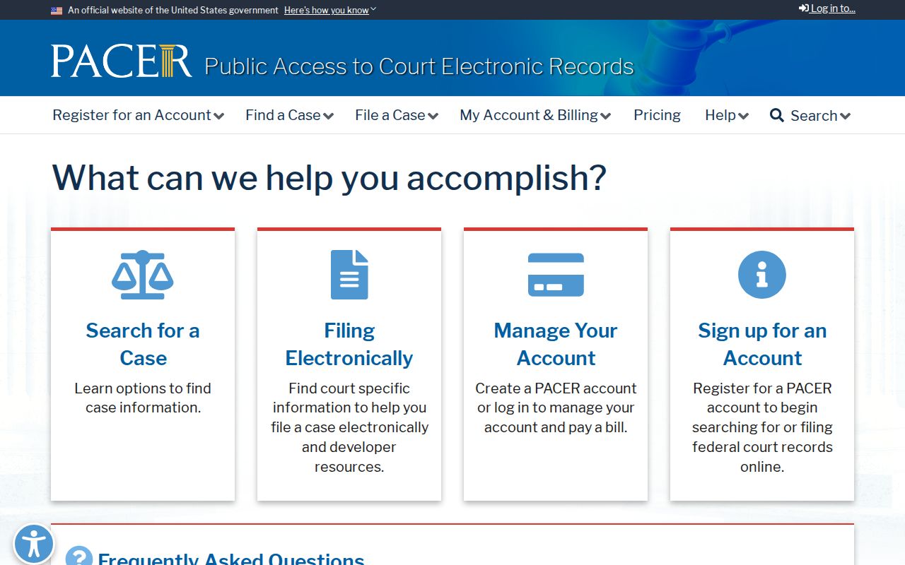 Official PACER federal court case access page